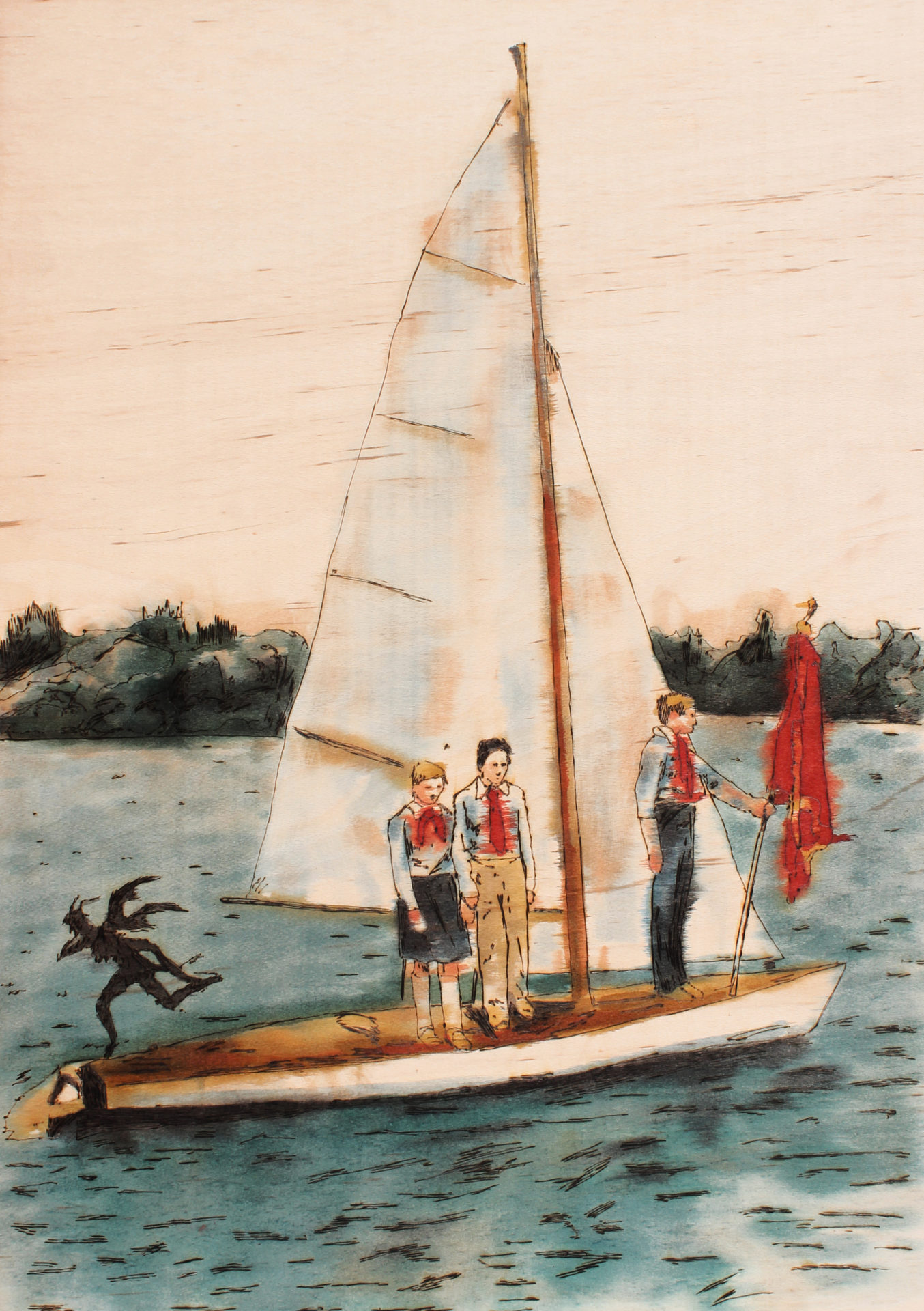 At the lake, 88 x 125 cm, pyrography on plywood, coloured with wood stains, 2014